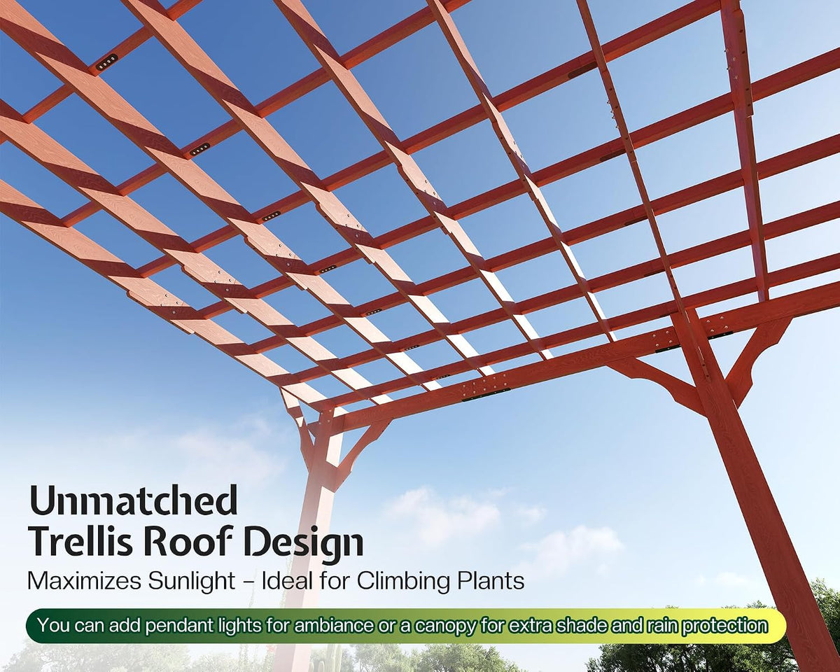 12X24 FT Premium Cedar Wood Pergola with Trellis Roof & Stakes