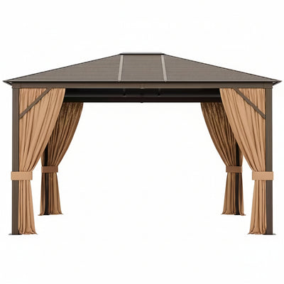 12 Ft. X 10 Ft. Brown Patio Hardtop Gazebo with Galvanized Steel Top Aluminum Frame Outdoor