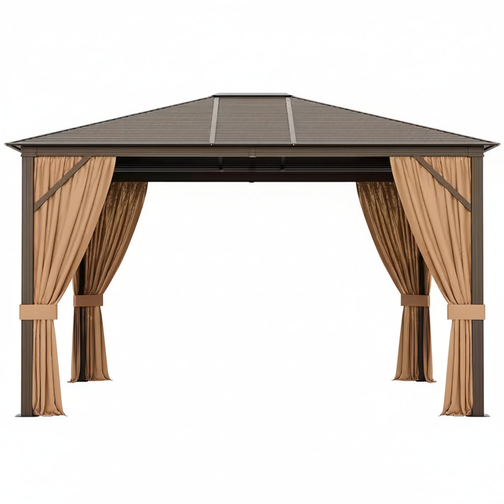 12 Ft. X 10 Ft. Brown Patio Hardtop Gazebo with Galvanized Steel Top Aluminum Frame Outdoor