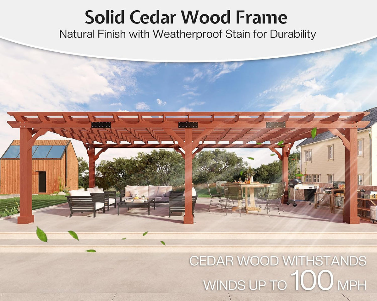 12X24 FT Premium Cedar Wood Pergola with Trellis Roof & Stakes
