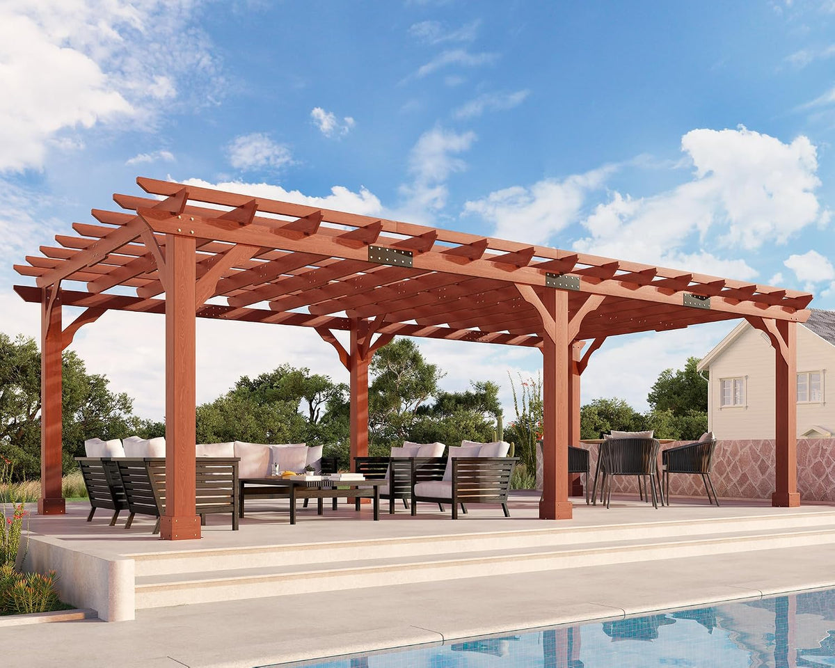 12X24 FT Premium Cedar Wood Pergola with Trellis Roof & Stakes