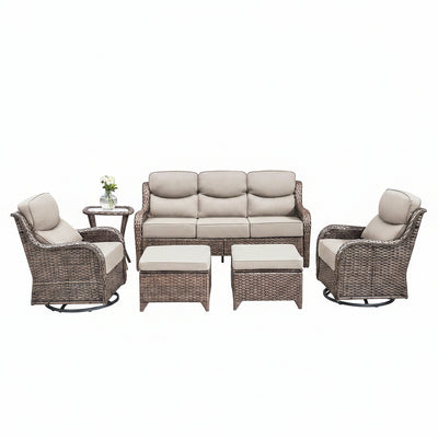6 Pieces Outdoor Patio Furniture Set with Swivel Rocker Chairs and 6" Thick Cushions,Wicker Conversation Set with Sectional Sofa Coffee Table for Porch Deck Backyard Poolside