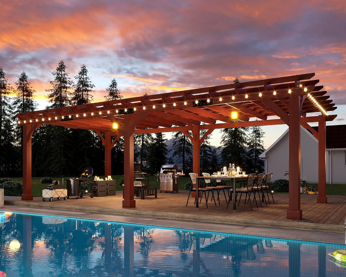 12X24 FT Premium Cedar Wood Pergola with Trellis Roof & Stakes