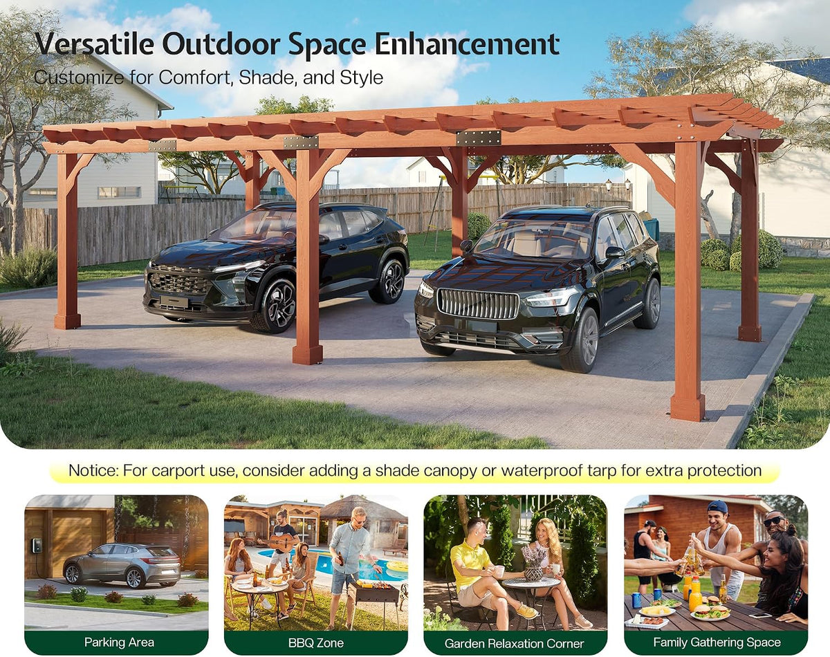 12X24 FT Premium Cedar Wood Pergola with Trellis Roof & Stakes