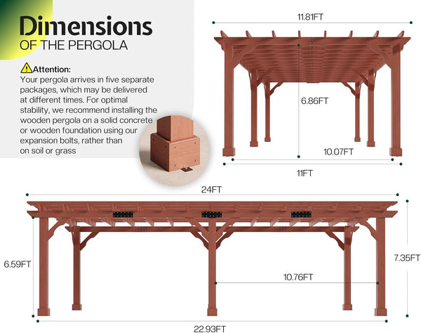 12X24 FT Premium Cedar Wood Pergola with Trellis Roof & Stakes